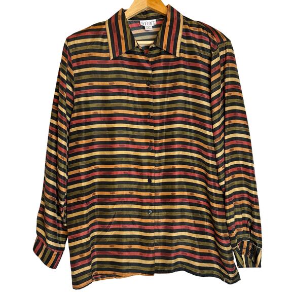 Vintage Stunt 100% Silk Blouse Women’s Large Striped 70s 80s Retro Flowy Hippie - Picture 1 of 12